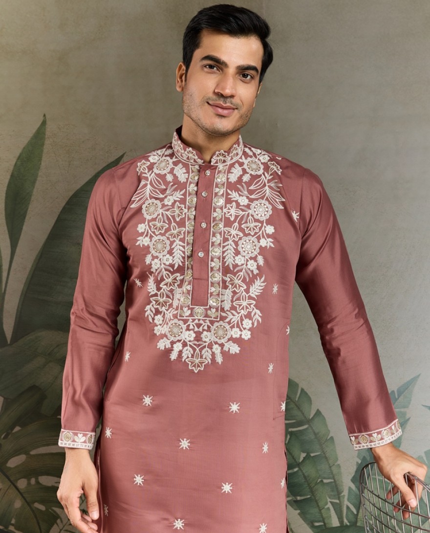 61324-pink - Pastel pink Thread & Sequence Hand Embroidered Men’s Kurta Set